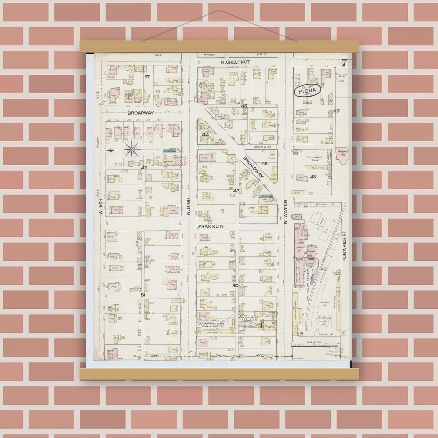 Old map wall art mockup — magnetic wood frame on brick wall — Sanborn Fire Insurance Map from Piqua, Miami County, Ohio (1887), Sheet #0007
