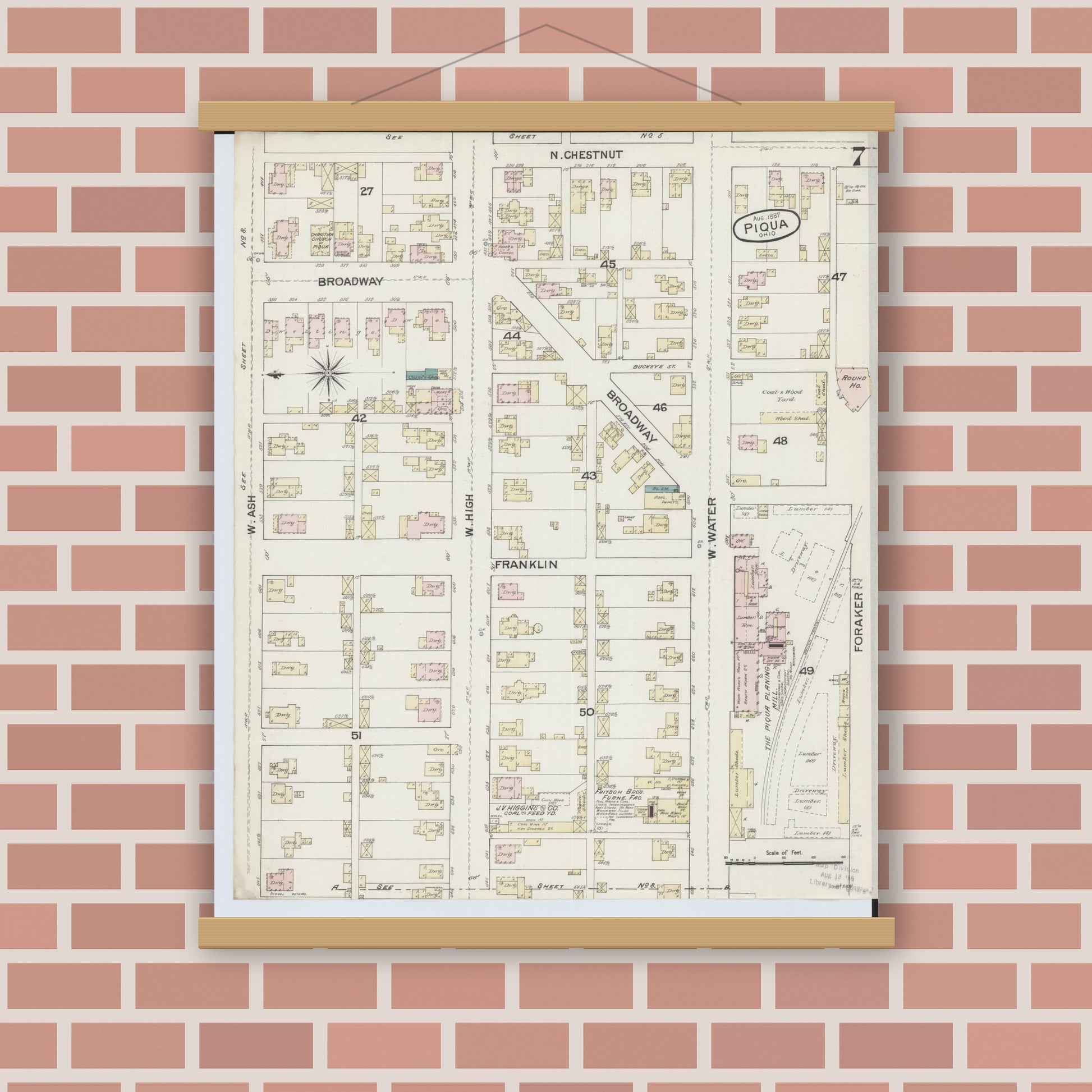 Old map wall art mockup — magnetic wood frame on brick wall — Sanborn Fire Insurance Map from Piqua, Miami County, Ohio (1887), Sheet #0007