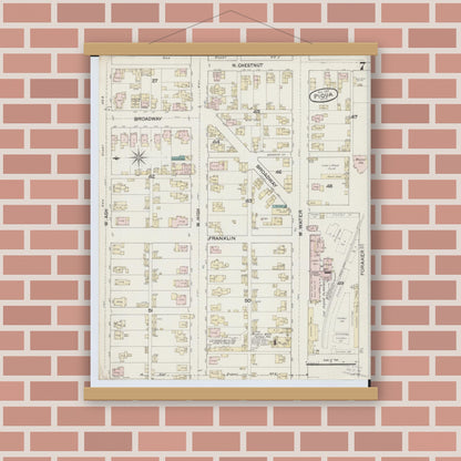 Old map wall art mockup — magnetic wood frame on brick wall — Sanborn Fire Insurance Map from Piqua, Miami County, Ohio (1887), Sheet #0007