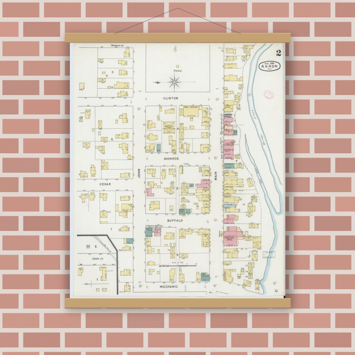 Old map wall art mockup — magnetic wood frame on brick wall — Sanborn Fire Insurance Map from Akron, Erie County, New York (1894), Sheet #0002