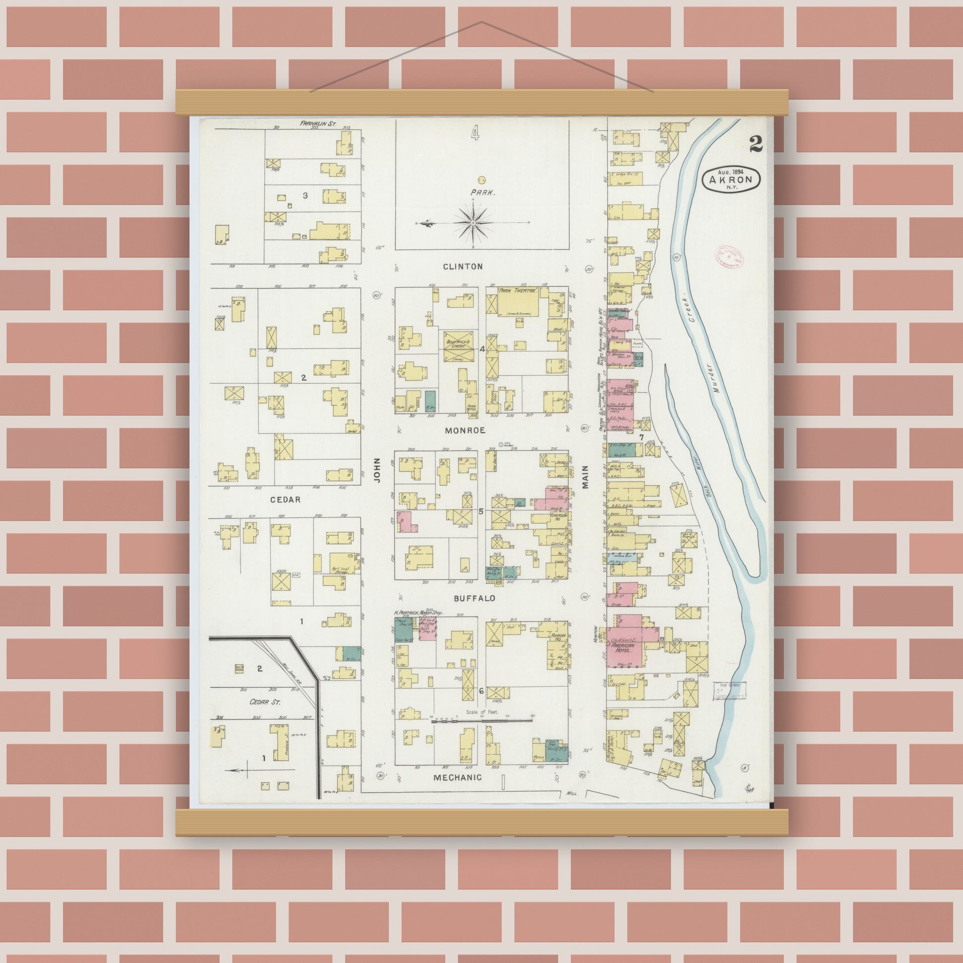 Old map wall art mockup — magnetic wood frame on brick wall — Sanborn Fire Insurance Map from Akron, Erie County, New York (1894), Sheet #0002