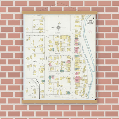 Old map wall art mockup — magnetic wood frame on brick wall — Sanborn Fire Insurance Map from Akron, Erie County, New York (1894), Sheet #0002
