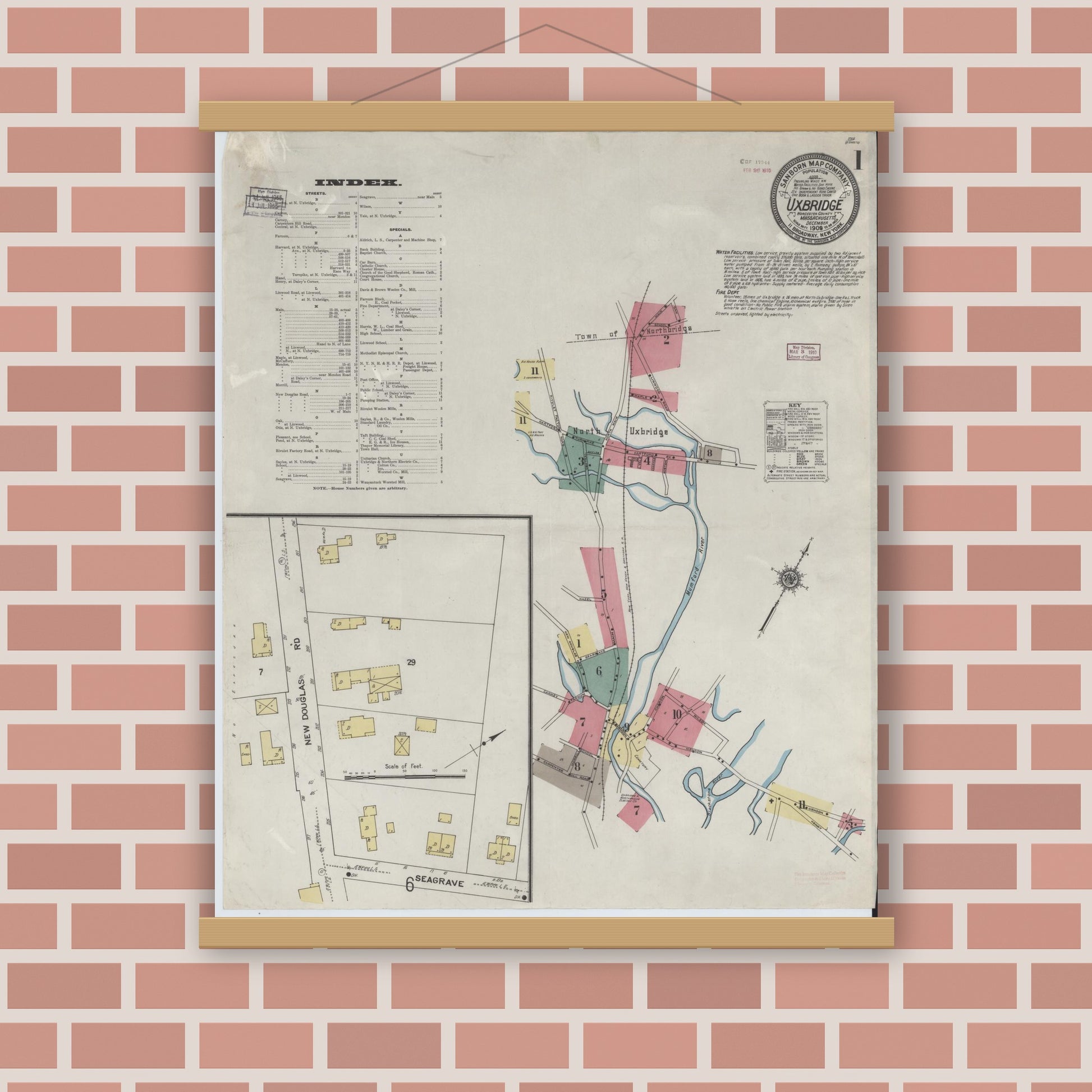 Old map wall art mockup — magnetic wood frame on brick wall — Sanborn Fire Insurance Map from Uxbridge, Worcester County, Massachusetts (1909), Sheet #0001