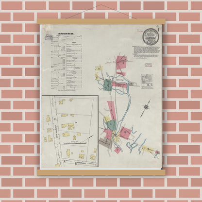 Old map wall art mockup — magnetic wood frame on brick wall — Sanborn Fire Insurance Map from Uxbridge, Worcester County, Massachusetts (1909), Sheet #0001