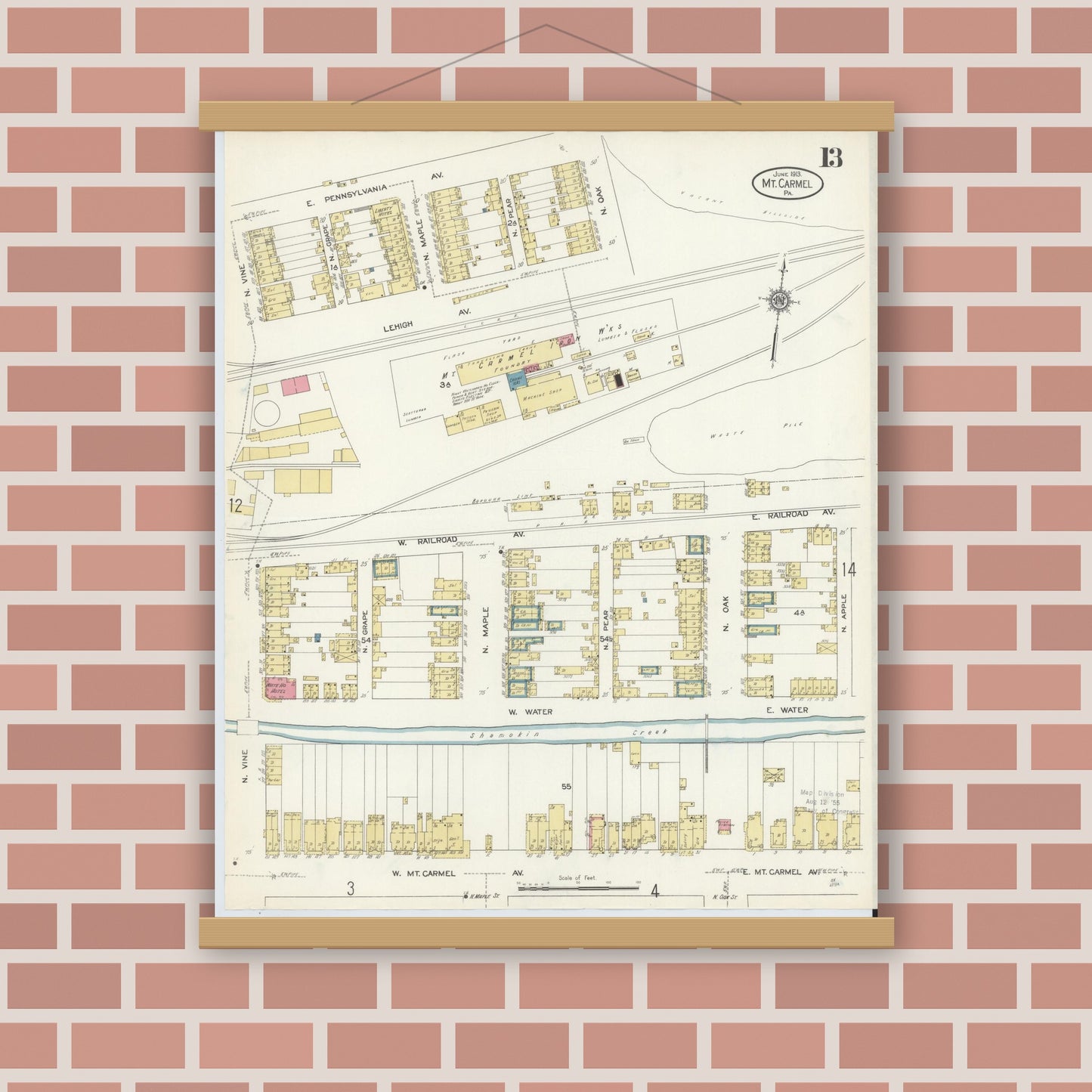 Old map wall art mockup — magnetic wood frame on brick wall — Sanborn Fire Insurance Map from Mount Carmel, Northumberland County, Pennsylvania (1913), Sheet #0013