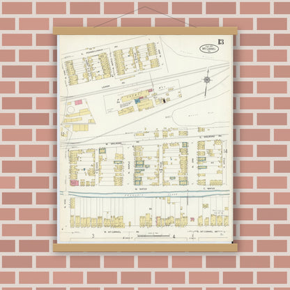 Old map wall art mockup — magnetic wood frame on brick wall — Sanborn Fire Insurance Map from Mount Carmel, Northumberland County, Pennsylvania (1913), Sheet #0013