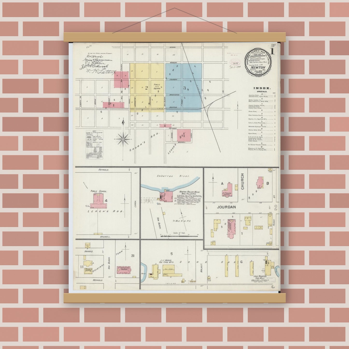 Old map wall art mockup — magnetic wood frame on brick wall — Sanborn Fire Insurance Map from Newton, Jasper County, Illinois (1894) - Complete Map Set