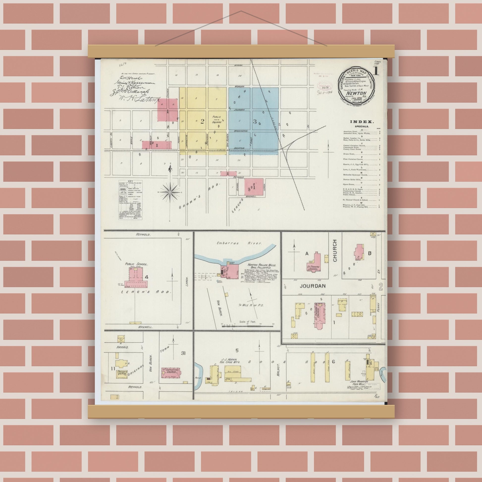 Old map wall art mockup — magnetic wood frame on brick wall — Sanborn Fire Insurance Map from Newton, Jasper County, Illinois (1894) - Complete Map Set