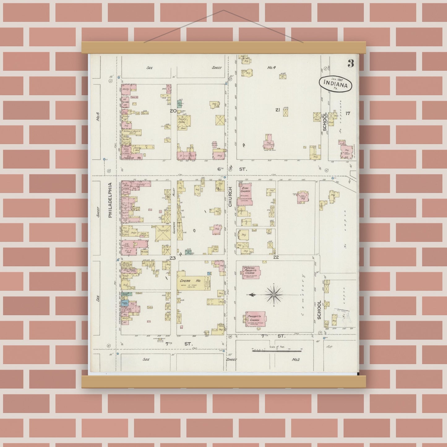 Old map wall art mockup — magnetic wood frame on brick wall — Sanborn Fire Insurance Map from Indiana, Indiana County, Pennsylvania (1887), Sheet #0003