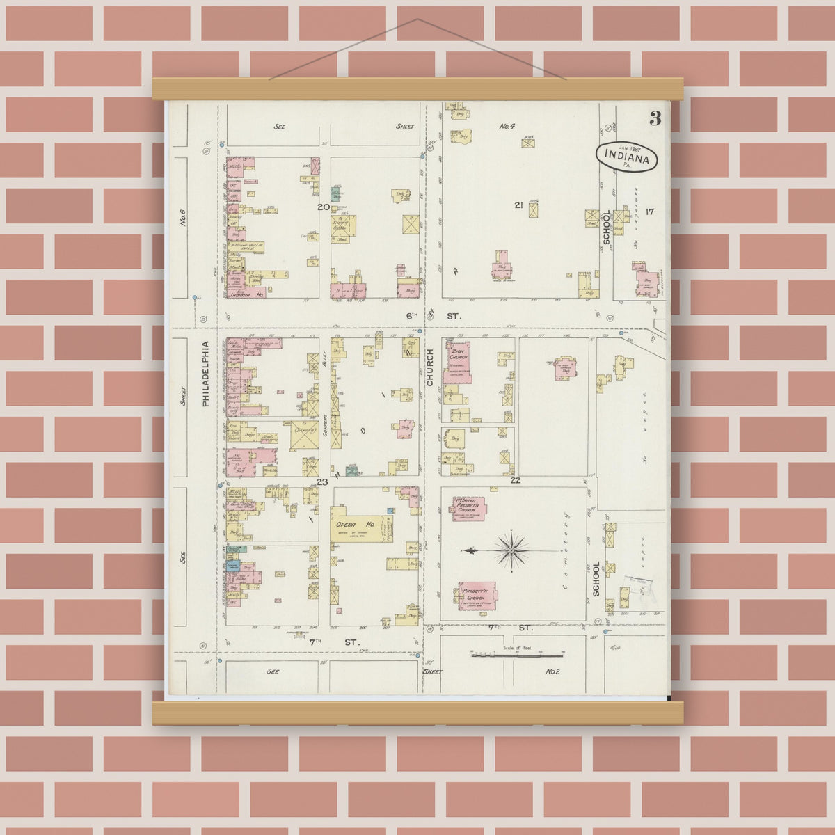 Old map wall art mockup — magnetic wood frame on brick wall — Sanborn Fire Insurance Map from Indiana, Indiana County, Pennsylvania (1887), Sheet #0003