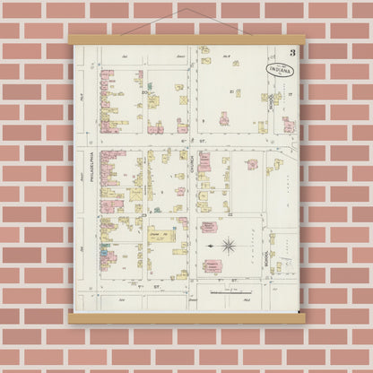 Old map wall art mockup — magnetic wood frame on brick wall — Sanborn Fire Insurance Map from Indiana, Indiana County, Pennsylvania (1887), Sheet #0003
