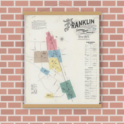 Old map wall art mockup — magnetic wood frame on brick wall — Sanborn Fire Insurance Map from Franklin, Norfolk County, Massachusetts (1894) - Complete Map Set