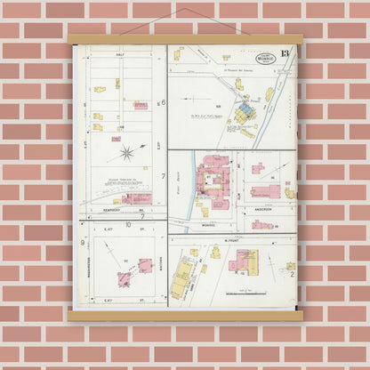 Old map wall art mockup — magnetic wood frame on brick wall — Sanborn Fire Insurance Map from Monroe, Monroe County, Michigan (1899), Sheet #0013