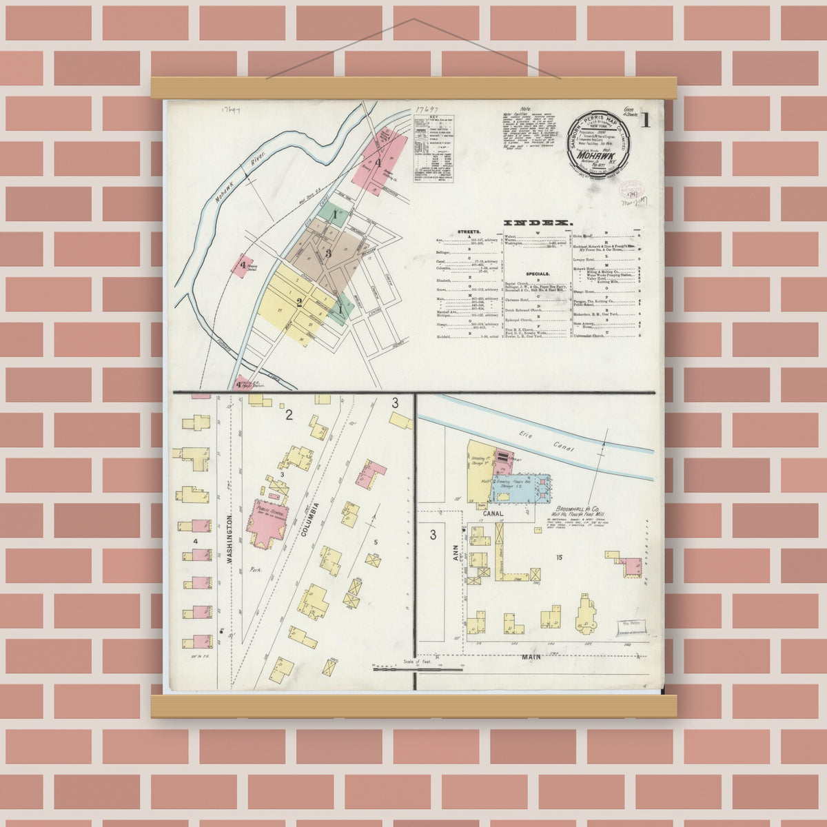 Old map wall art mockup — magnetic wood frame on brick wall — Sanborn Fire Insurance Map from Mohawk, Herkimer County, New York (1897) - Complete Map Set