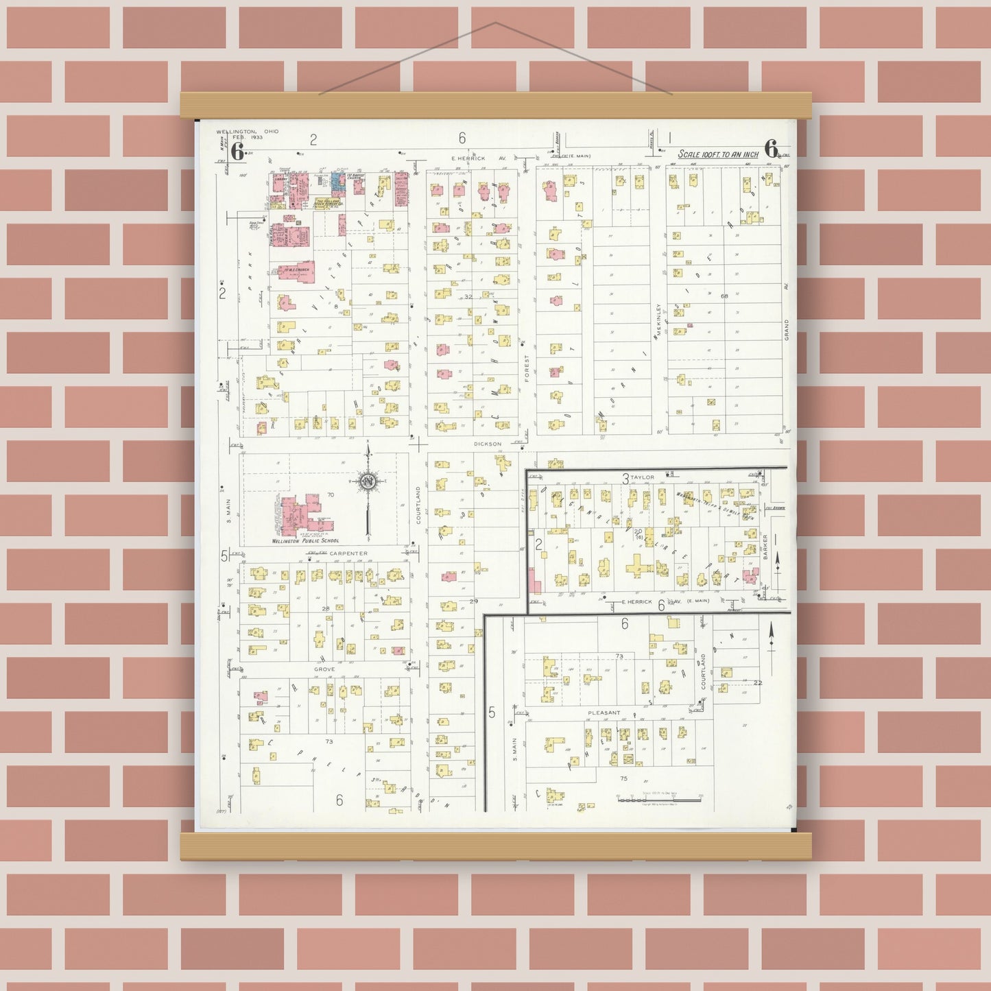 Old map wall art mockup — magnetic wood frame on brick wall — Sanborn Fire Insurance Map from Wellington, Lorain County, Ohio (1933), Sheet #0006