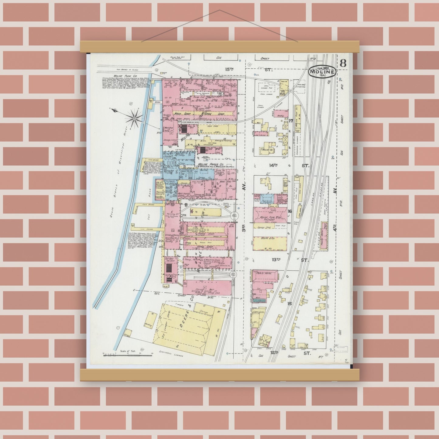 Old map wall art mockup — magnetic wood frame on brick wall — Sanborn Fire Insurance Map from Moline, Rock Island County, Illinois (1892), Sheet #0008
