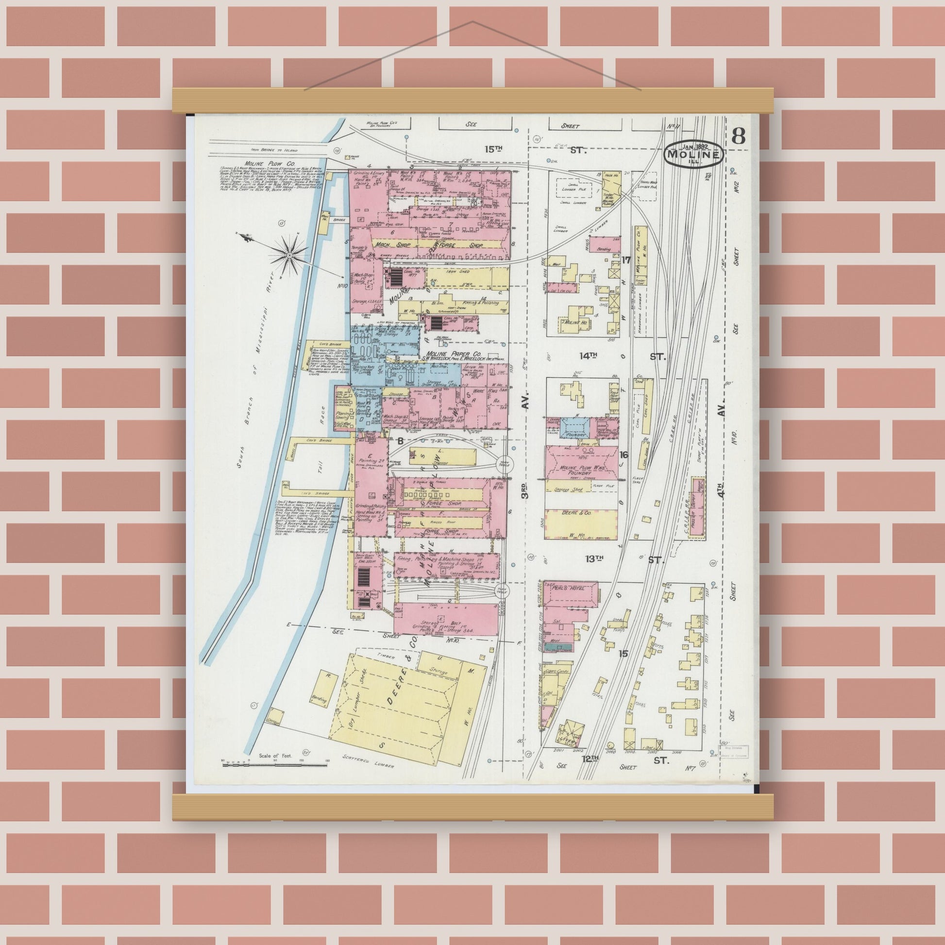 Old map wall art mockup — magnetic wood frame on brick wall — Sanborn Fire Insurance Map from Moline, Rock Island County, Illinois (1892), Sheet #0008