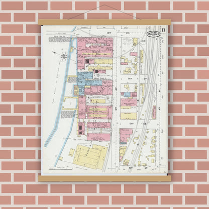Old map wall art mockup — magnetic wood frame on brick wall — Sanborn Fire Insurance Map from Moline, Rock Island County, Illinois (1892), Sheet #0008