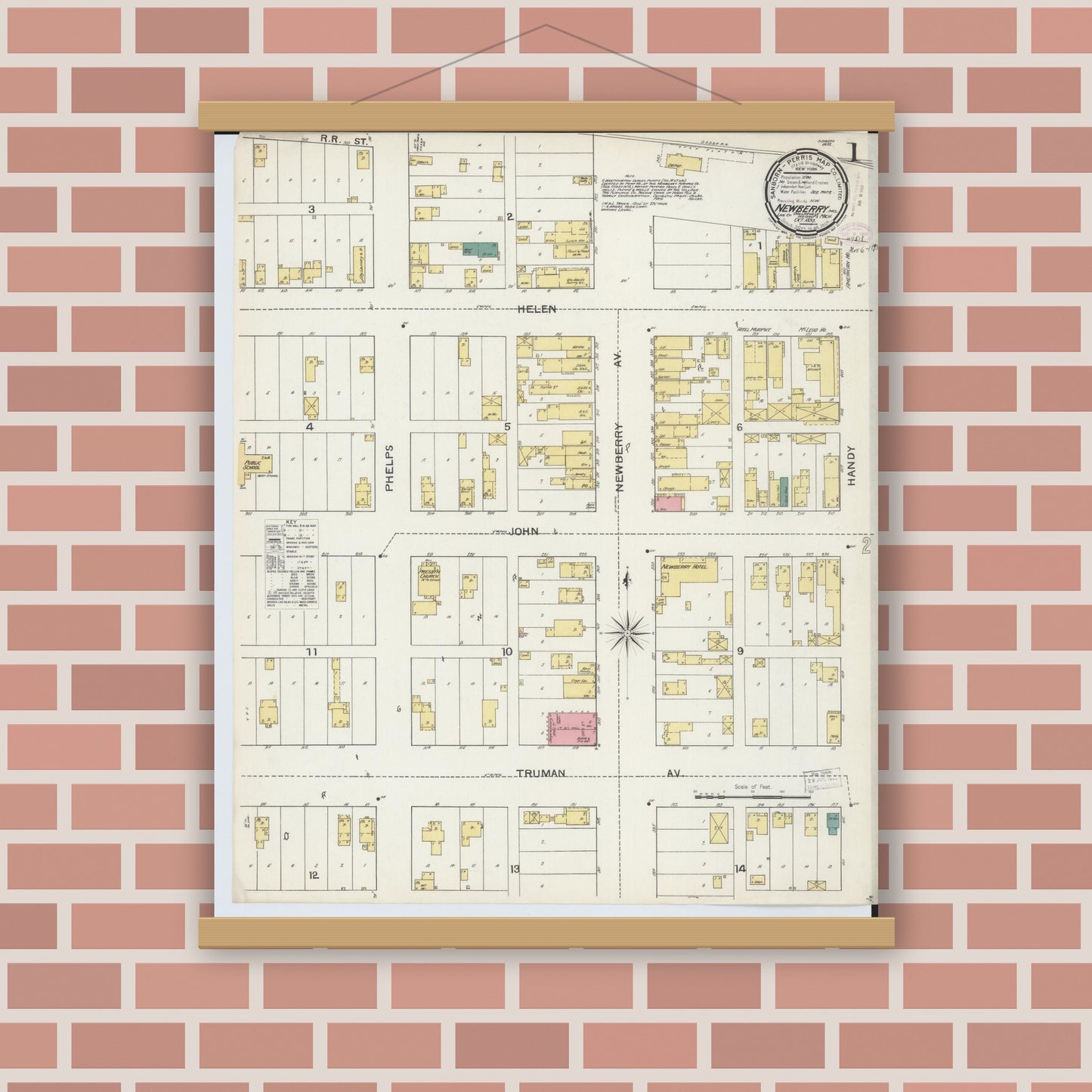 Old map wall art mockup — magnetic wood frame on brick wall — Sanborn Fire Insurance Map from Newberry, Luce County, Michigan (1893) - Complete Map Set
