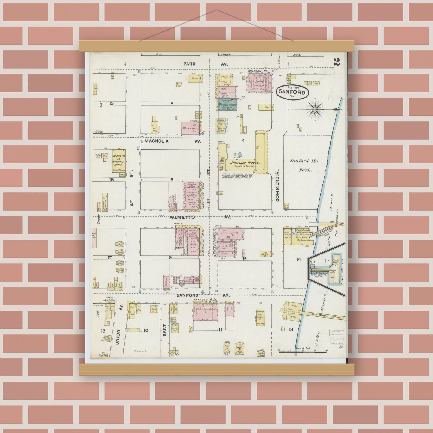 Old map wall art mockup — magnetic wood frame on brick wall — Sanborn Fire Insurance Map from Sanford, Seminole County, Florida (1890), Sheet #0002