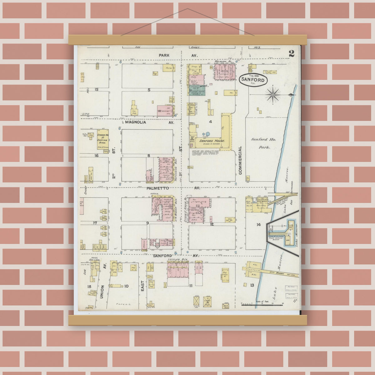 Old map wall art mockup — magnetic wood frame on brick wall — Sanborn Fire Insurance Map from Sanford, Seminole County, Florida (1890), Sheet #0002