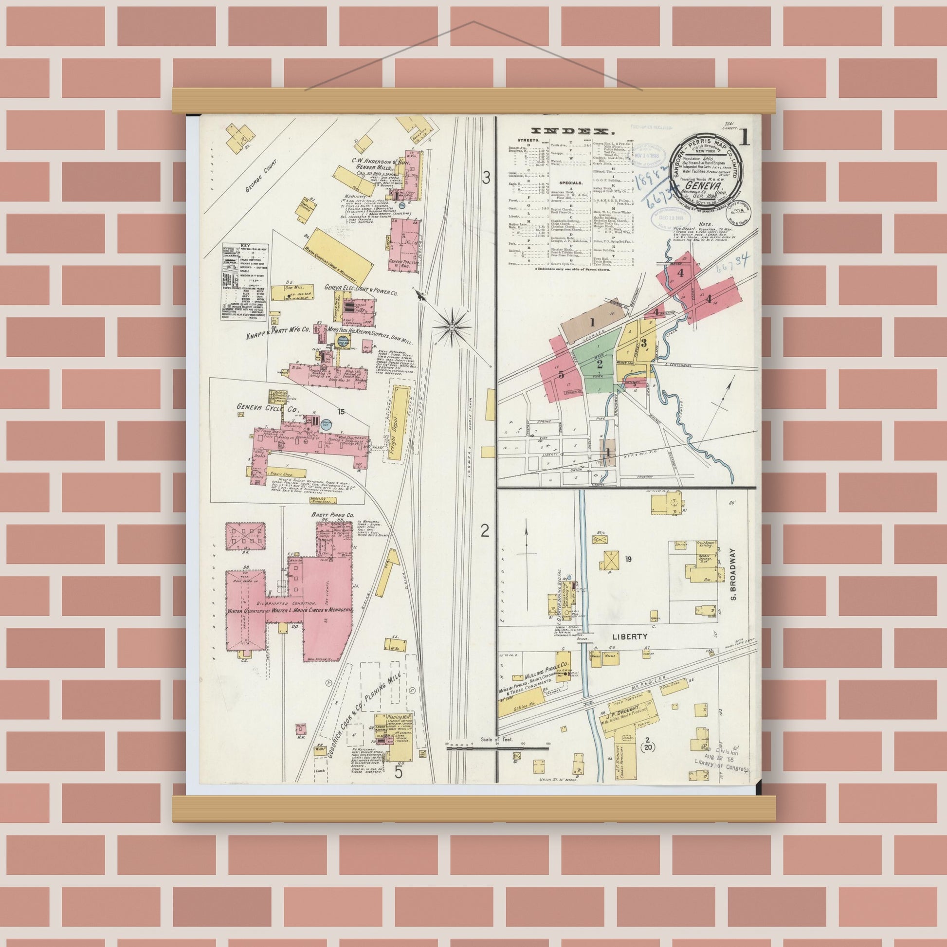 Old map wall art mockup — magnetic wood frame on brick wall — Sanborn Fire Insurance Map from Geneva, Ashtabula County, Ohio (1898), Sheet #0001