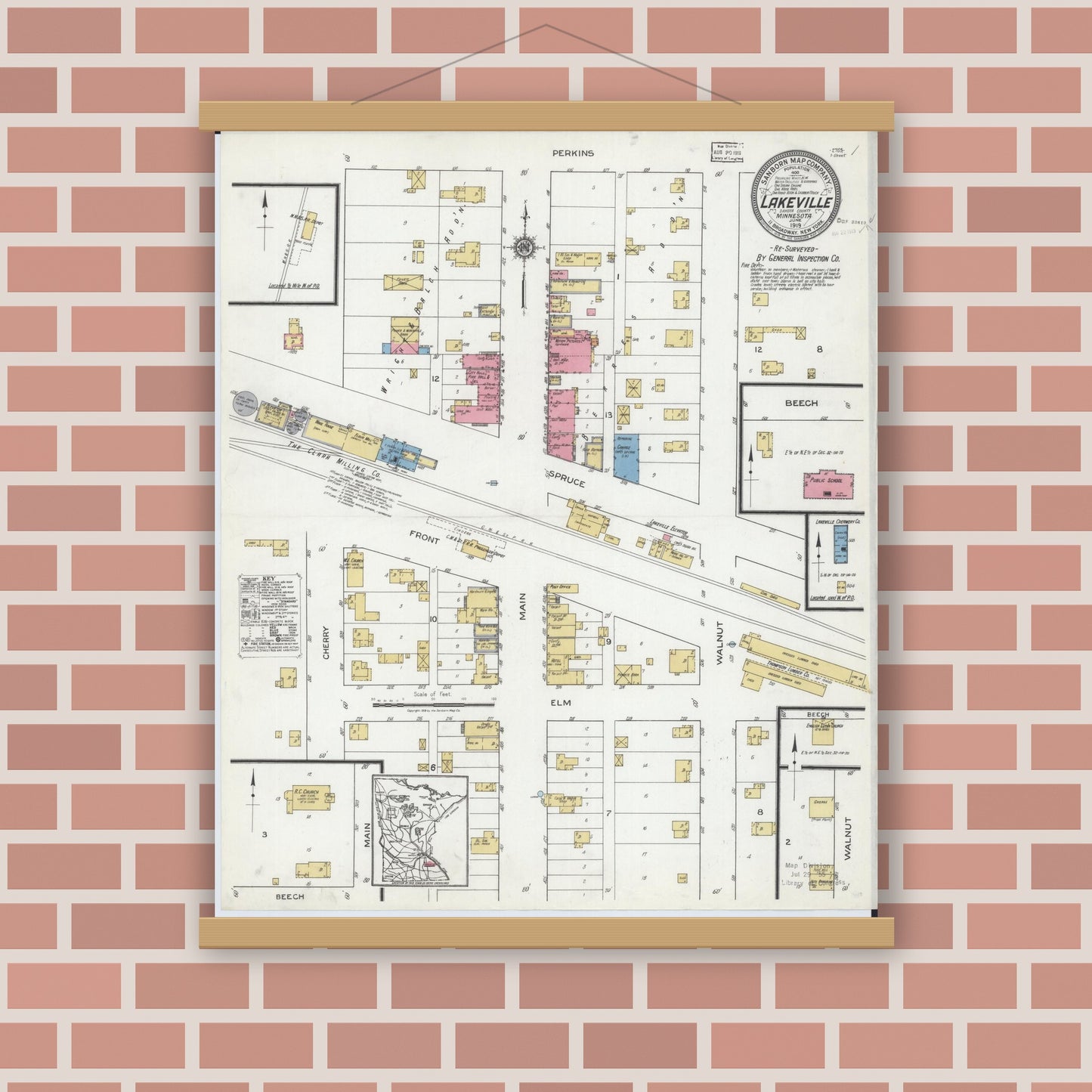 Old map wall art mockup — magnetic wood frame on brick wall — Sanborn Fire Insurance Map from Lakeville, Dakota County, Minnesota (1919), Sheet #0001