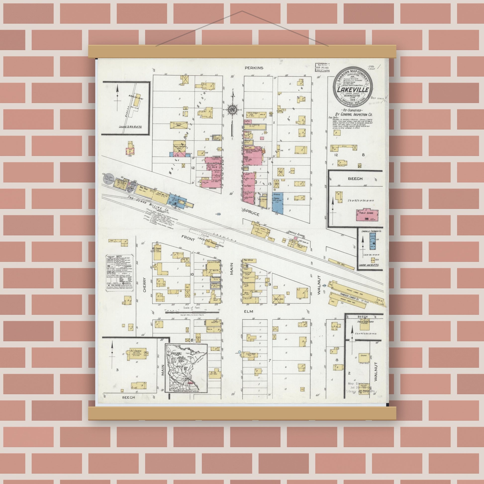 Old map wall art mockup — magnetic wood frame on brick wall — Sanborn Fire Insurance Map from Lakeville, Dakota County, Minnesota (1919), Sheet #0001