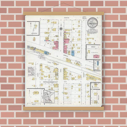 Old map wall art mockup — magnetic wood frame on brick wall — Sanborn Fire Insurance Map from Lakeville, Dakota County, Minnesota (1919), Sheet #0001