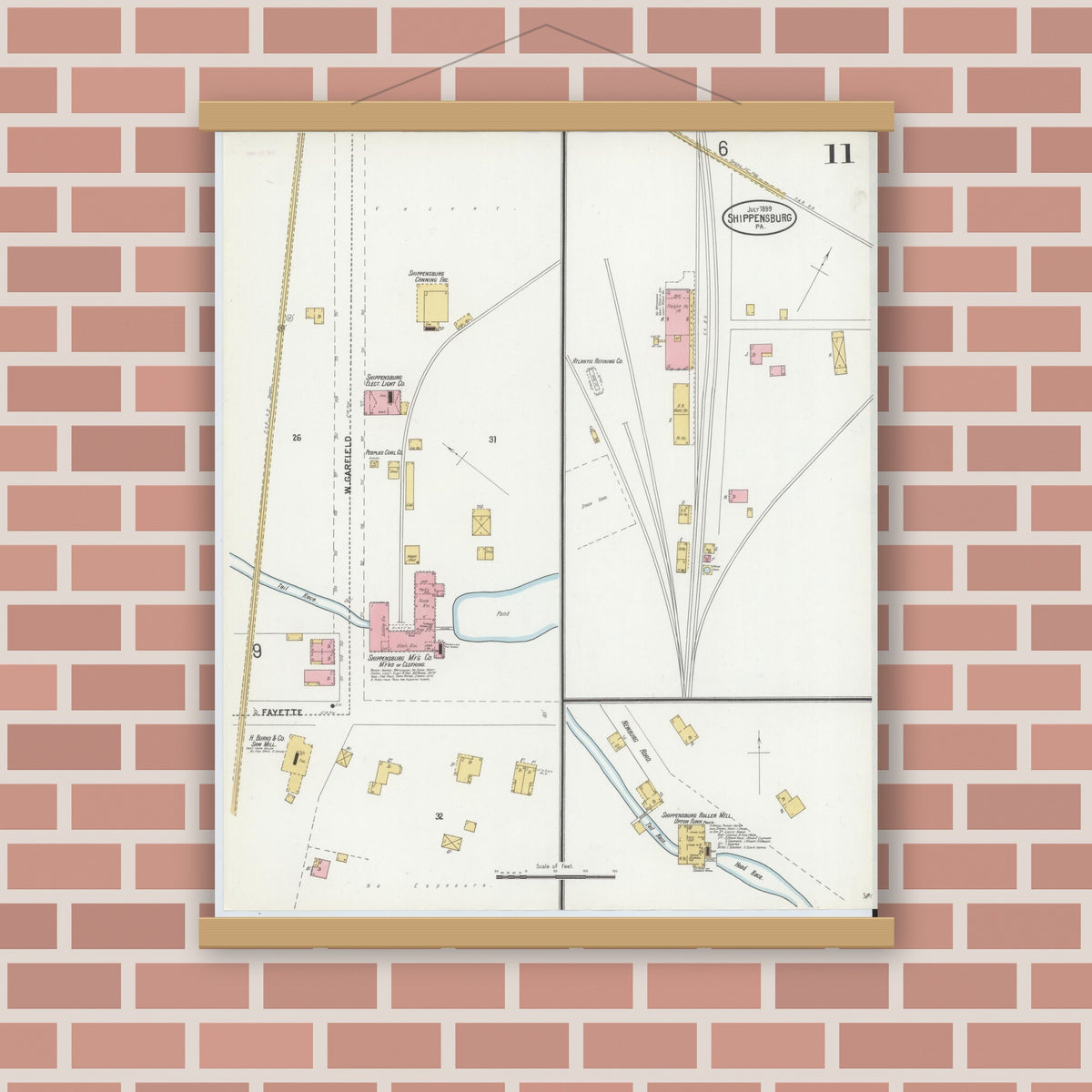 Old map wall art mockup — magnetic wood frame on brick wall — Sanborn Fire Insurance Map from Shippensburg, Cumberland And Franklin Counties, Pennsylvania (1899), Sheet #0011