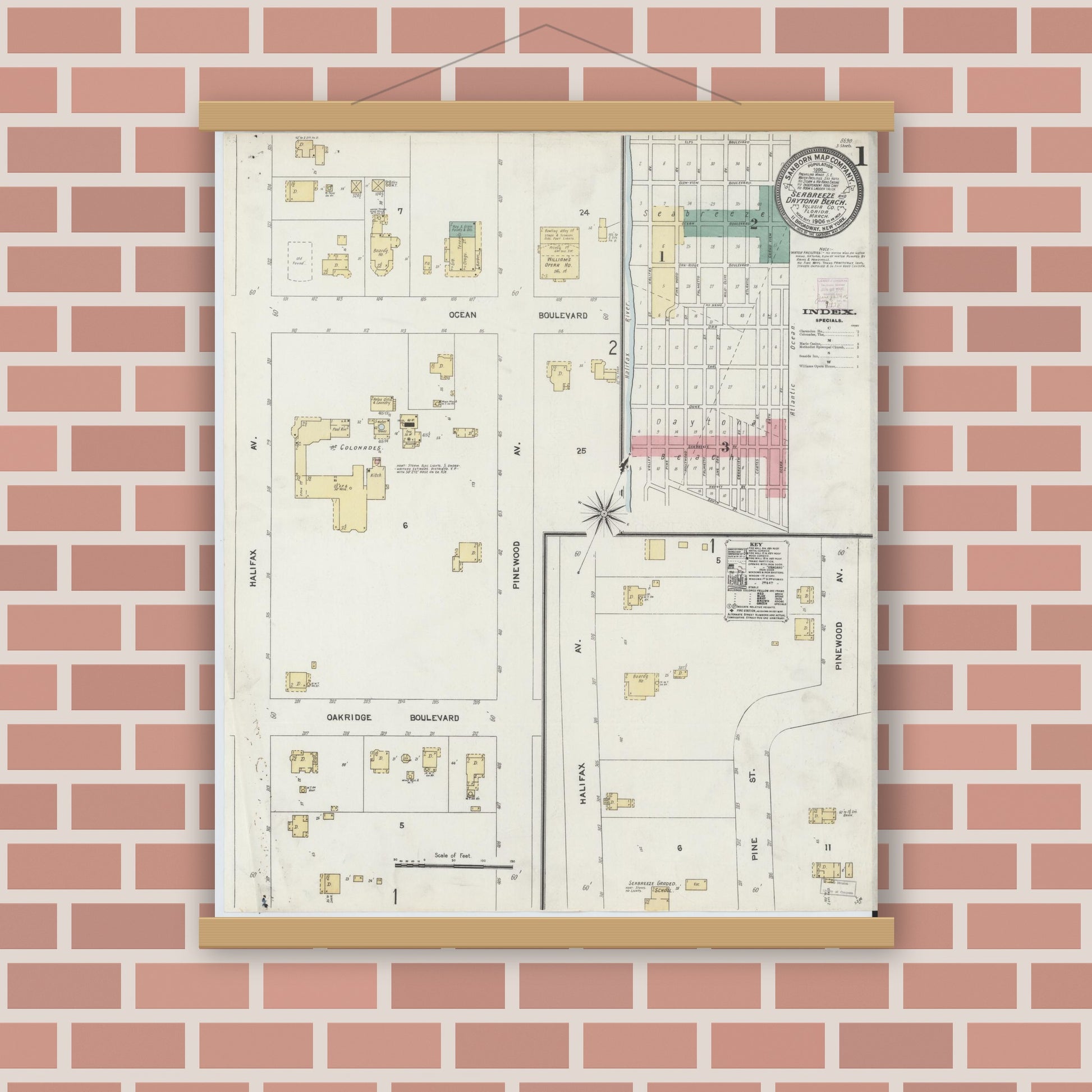 Old map wall art mockup — magnetic wood frame on brick wall — Sanborn Fire Insurance Map from Seabreeze, Volusia County, Florida (1906) - Complete Map Set