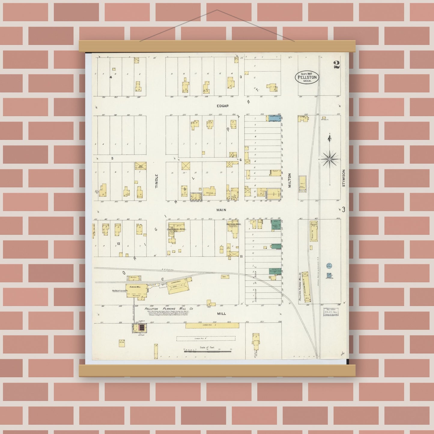 Old map wall art mockup — magnetic wood frame on brick wall — Sanborn Fire Insurance Map from Pellston, Emmet County, Michigan (1907), Sheet #0002
