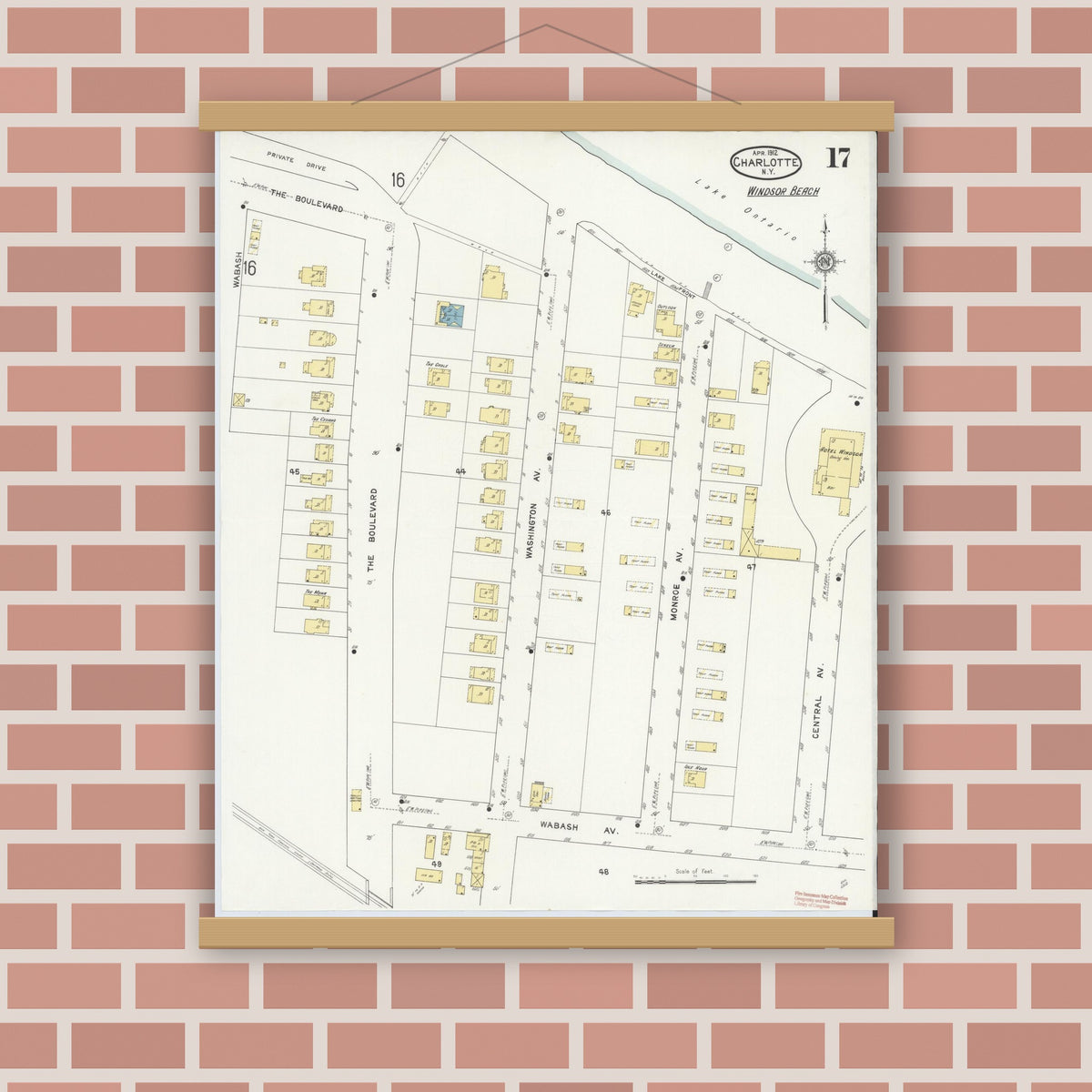 Old map wall art mockup — magnetic wood frame on brick wall — Sanborn Fire Insurance Map from Charlotte, Monroe County, New York (1912), Sheet #0017