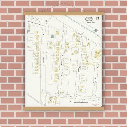 Old map wall art mockup — magnetic wood frame on brick wall — Sanborn Fire Insurance Map from Charlotte, Monroe County, New York (1912), Sheet #0017