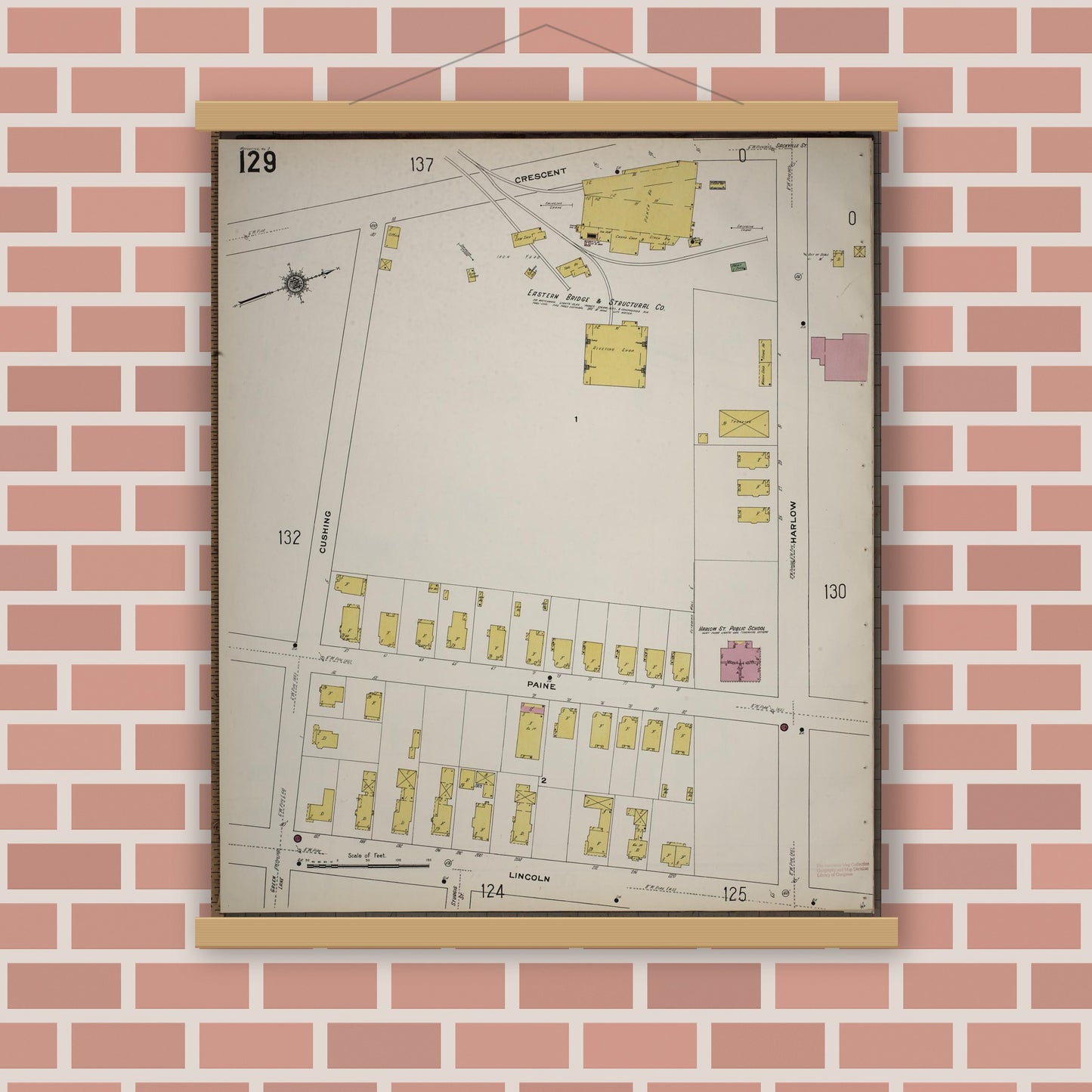 Old map wall art mockup — magnetic wood frame on brick wall — Sanborn Fire Insurance Map from Worcester, Worcester County, Massachusetts (1910), Sheet #0129