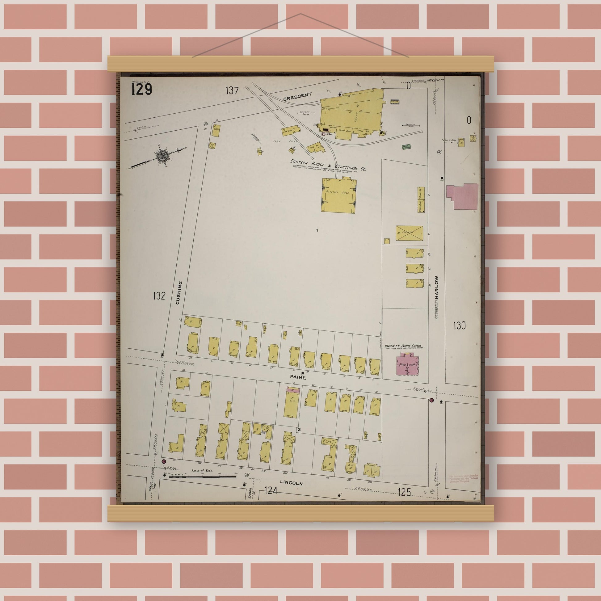 Old map wall art mockup — magnetic wood frame on brick wall — Sanborn Fire Insurance Map from Worcester, Worcester County, Massachusetts (1910), Sheet #0129