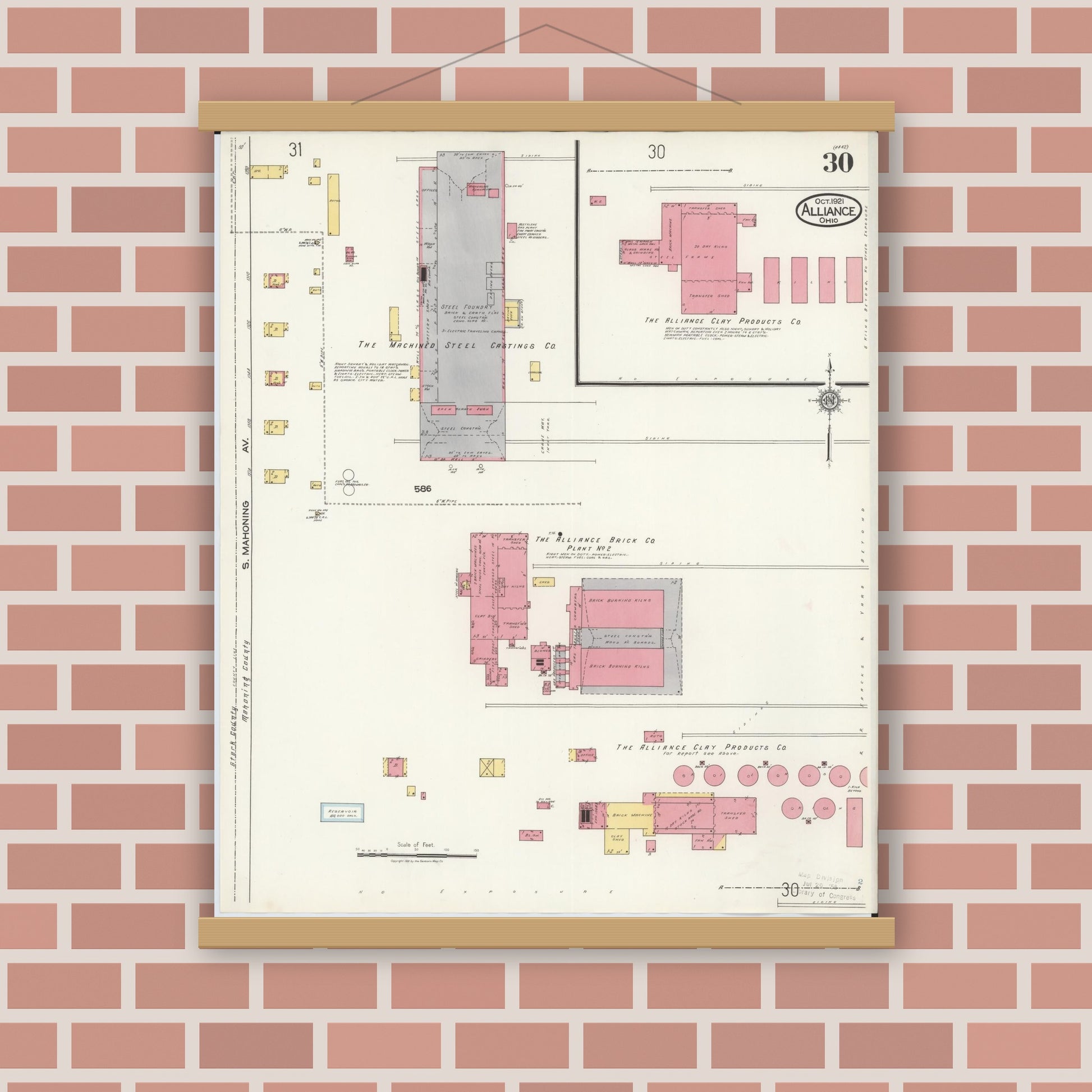 Old map wall art mockup — magnetic wood frame on brick wall — Sanborn Fire Insurance Map from Alliance, Stark County, Ohio (1921), Sheet #0030