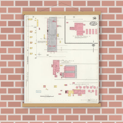 Old map wall art mockup — magnetic wood frame on brick wall — Sanborn Fire Insurance Map from Alliance, Stark County, Ohio (1921), Sheet #0030