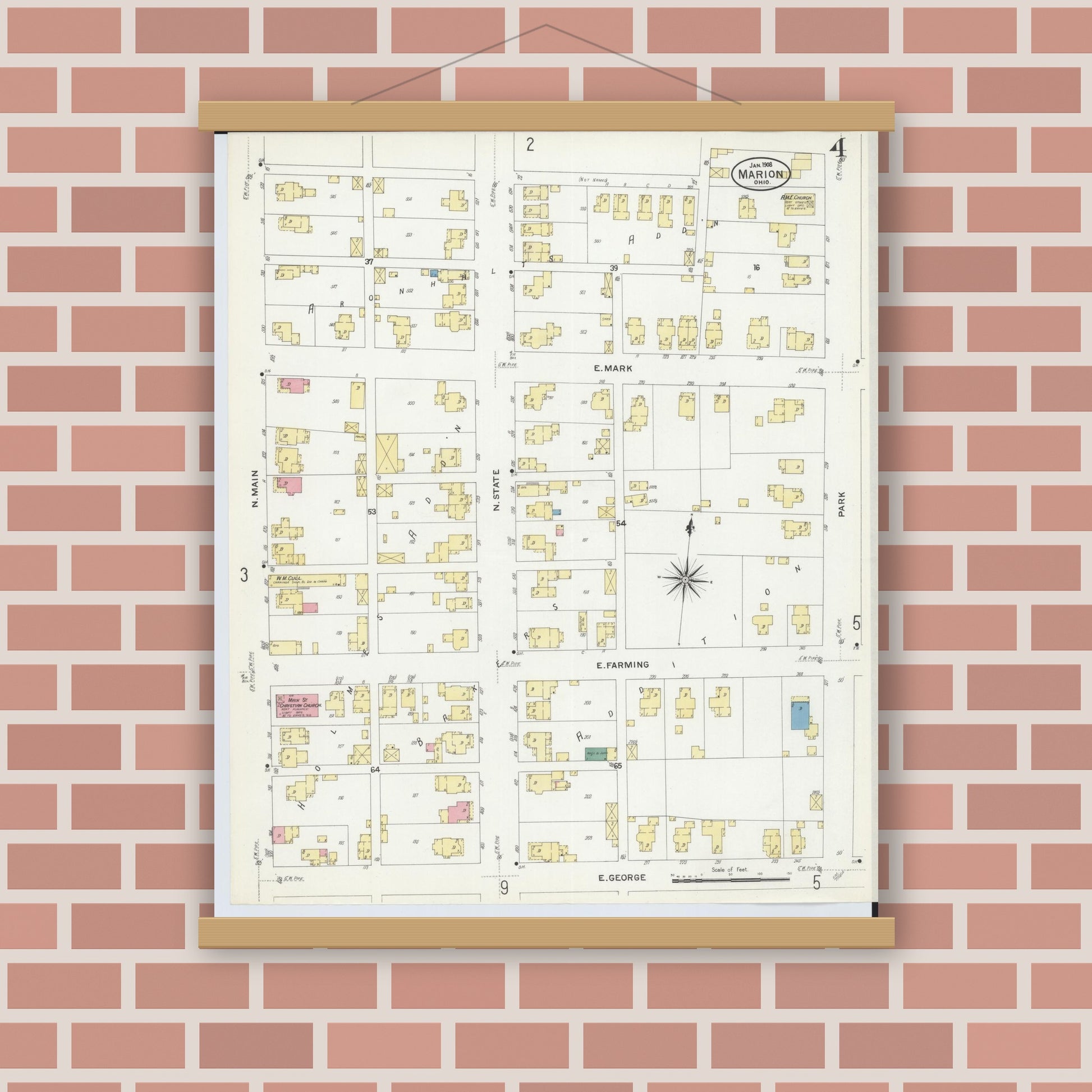 Old map wall art mockup — magnetic wood frame on brick wall — Sanborn Fire Insurance Map from Marion, Marion County, Ohio (1908), Sheet #0004