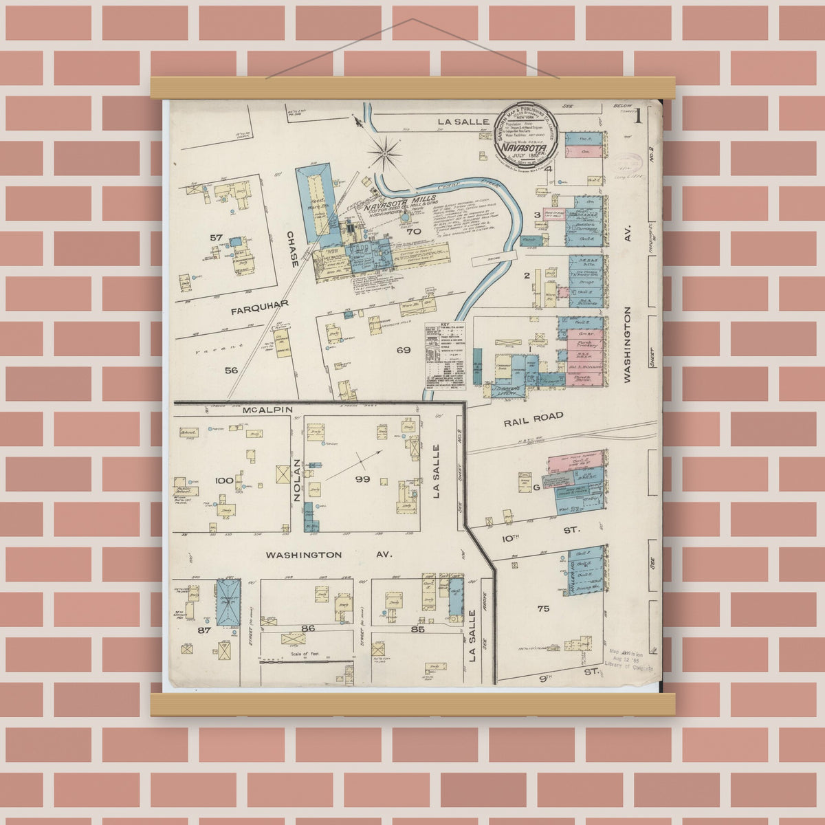 Old map wall art mockup — magnetic wood frame on brick wall — Sanborn Fire Insurance Map from Navasota, Grimes County, Texas (1885) - Complete Map Set