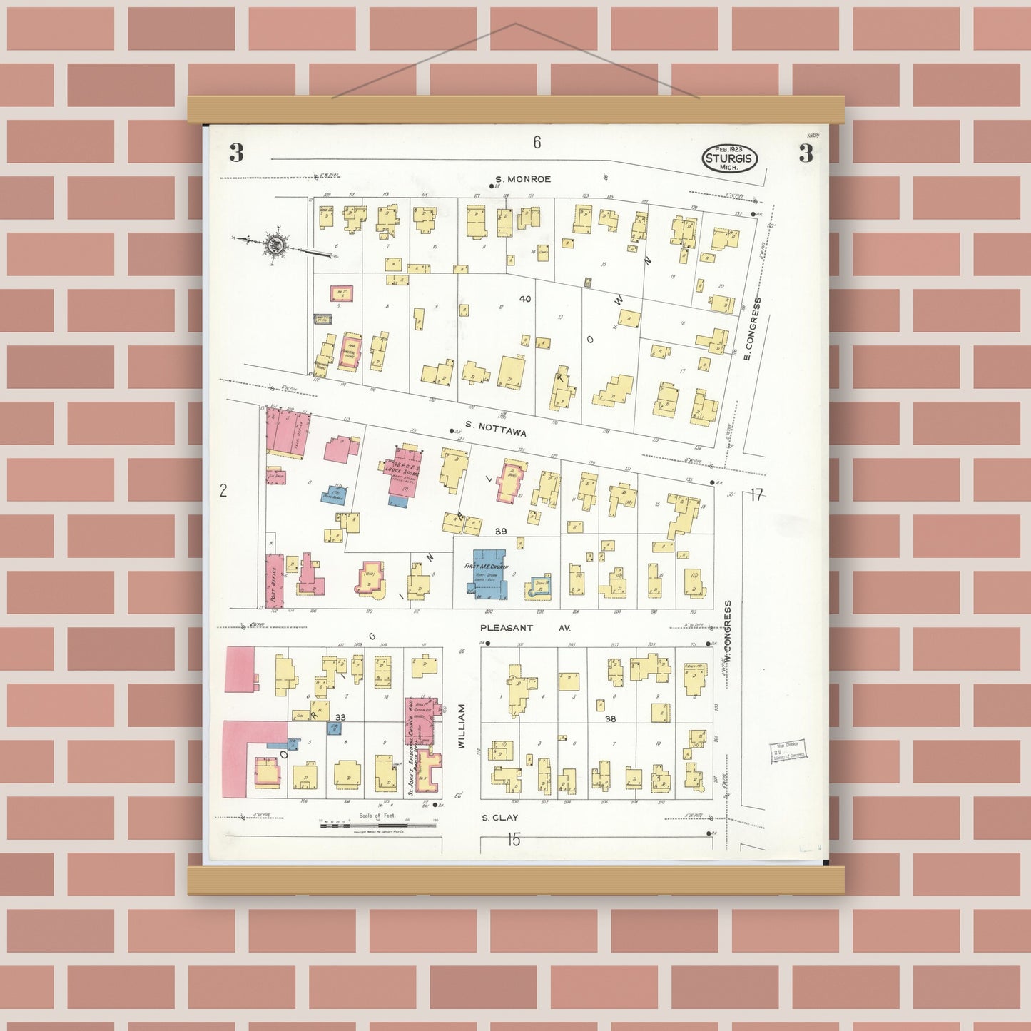 Old map wall art mockup — magnetic wood frame on brick wall — Sanborn Fire Insurance Map from Sturgis, Saint Joseph County, Michigan (1923), Sheet #0003