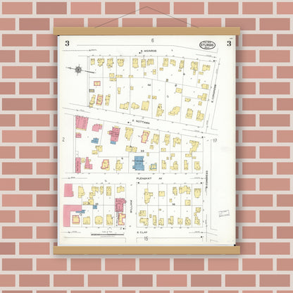 Old map wall art mockup — magnetic wood frame on brick wall — Sanborn Fire Insurance Map from Sturgis, Saint Joseph County, Michigan (1923), Sheet #0003