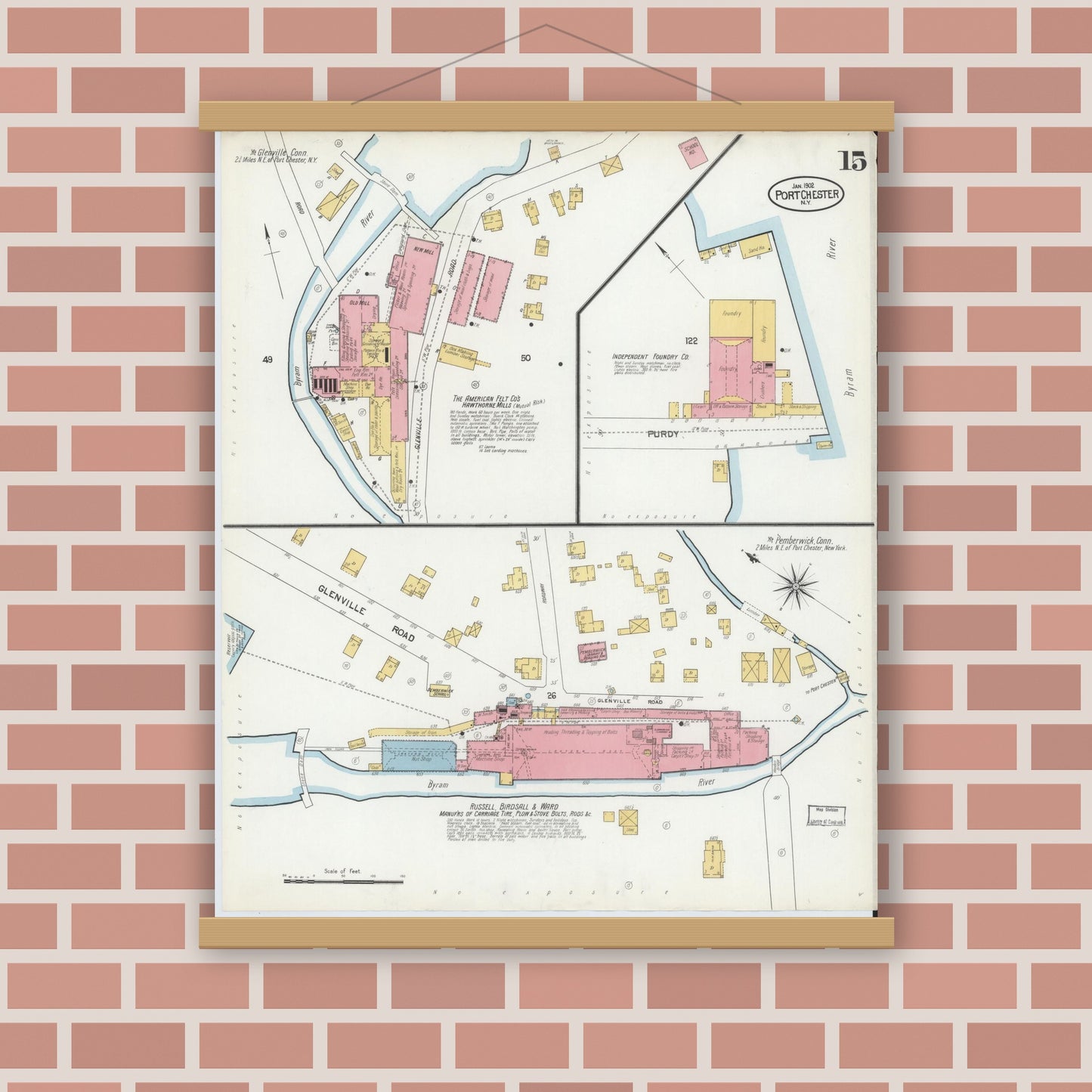 Old map wall art mockup — magnetic wood frame on brick wall — Sanborn Fire Insurance Map from Port Chester, Westchester County, New York (1902), Sheet #0015