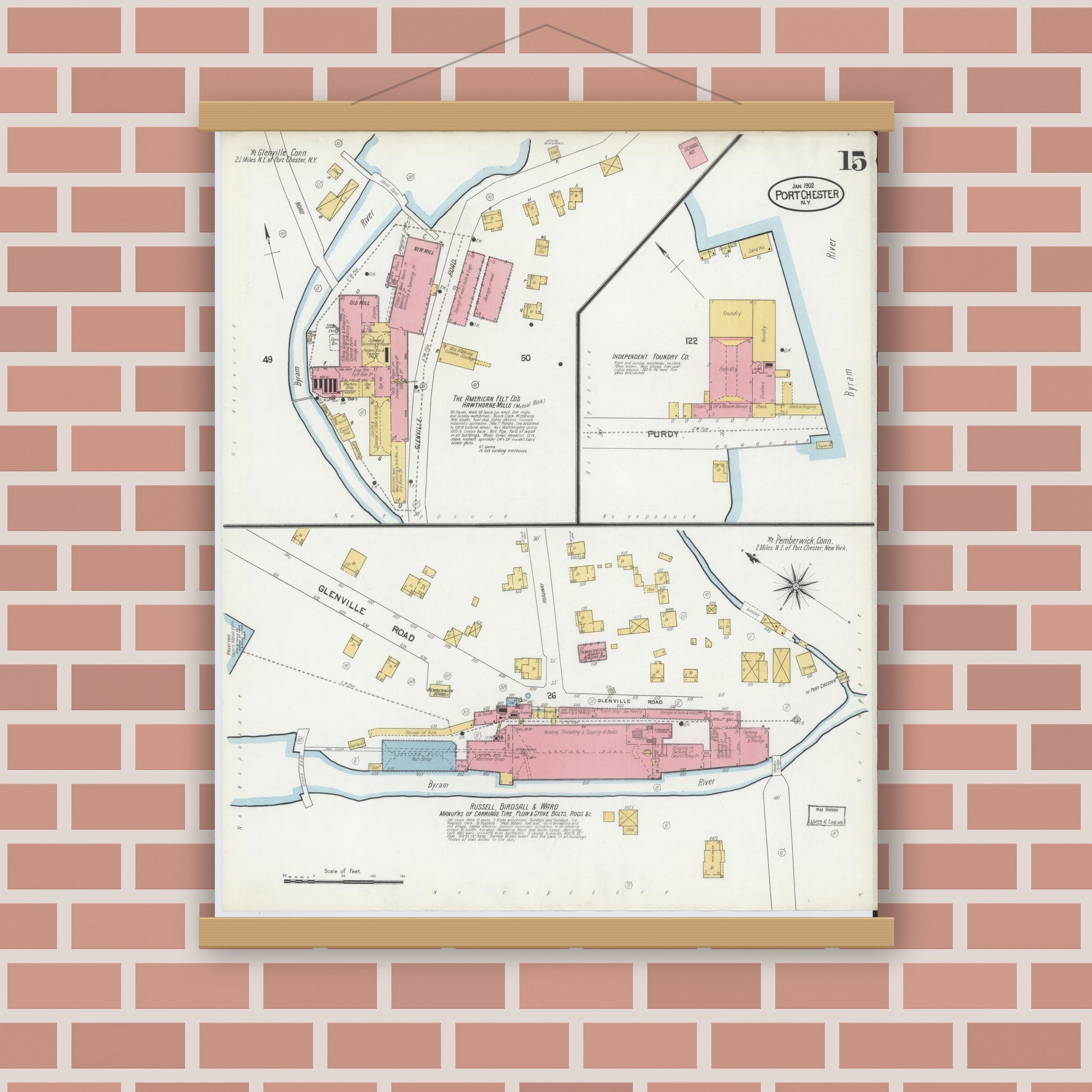 Old map wall art mockup — magnetic wood frame on brick wall — Sanborn Fire Insurance Map from Port Chester, Westchester County, New York (1902), Sheet #0015