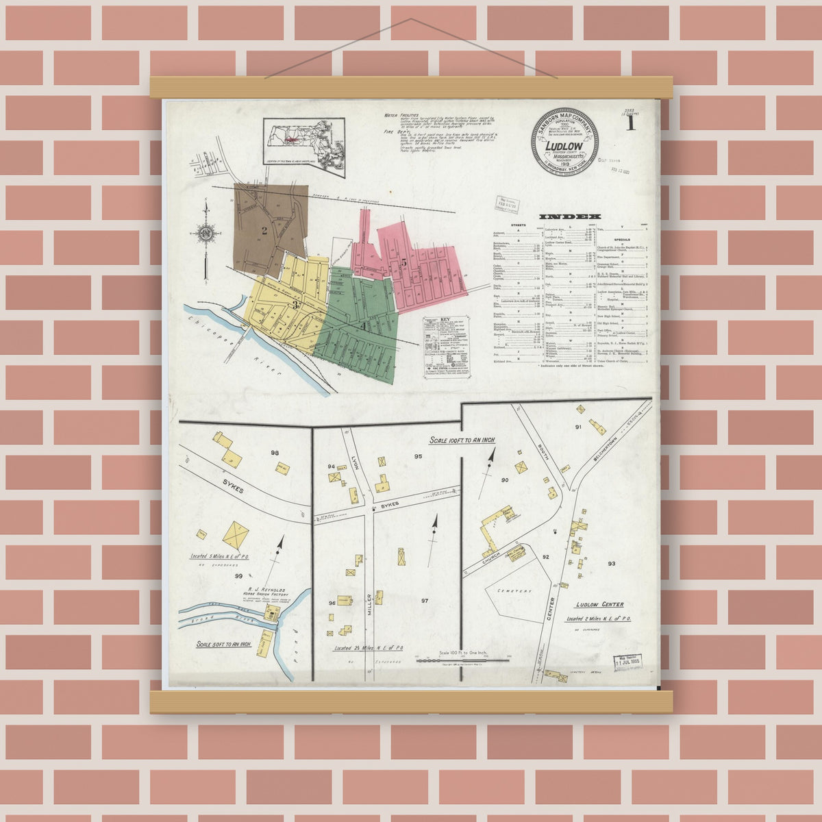 Old map wall art mockup — magnetic wood frame on brick wall — Sanborn Fire Insurance Map from Ludlow, Hampden County, Massachusetts (1919) - Complete Map Set