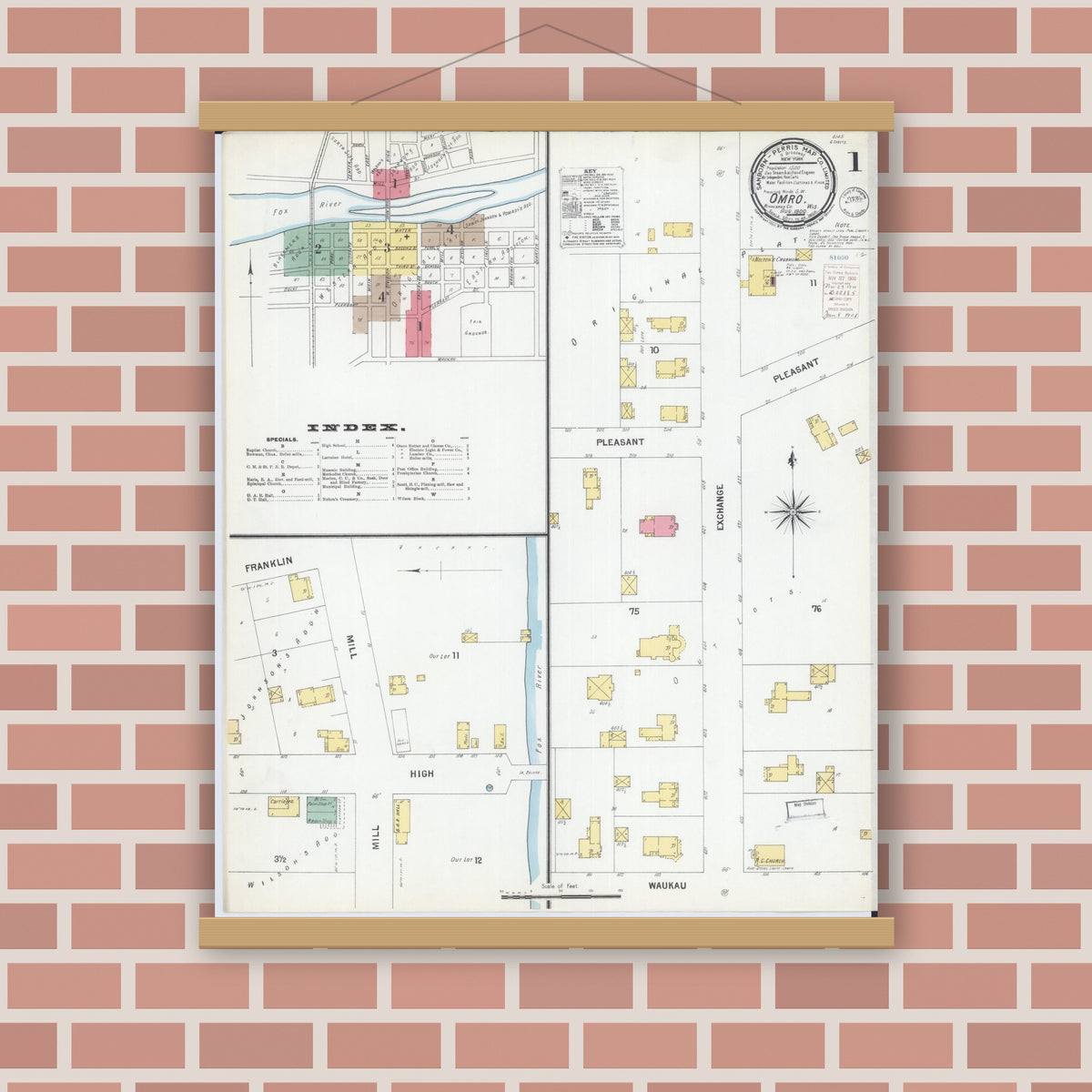 Old map wall art mockup — magnetic wood frame on brick wall — Sanborn Fire Insurance Map from Omro, Winnebago County, Wisconsin (1900) - Complete Map Set