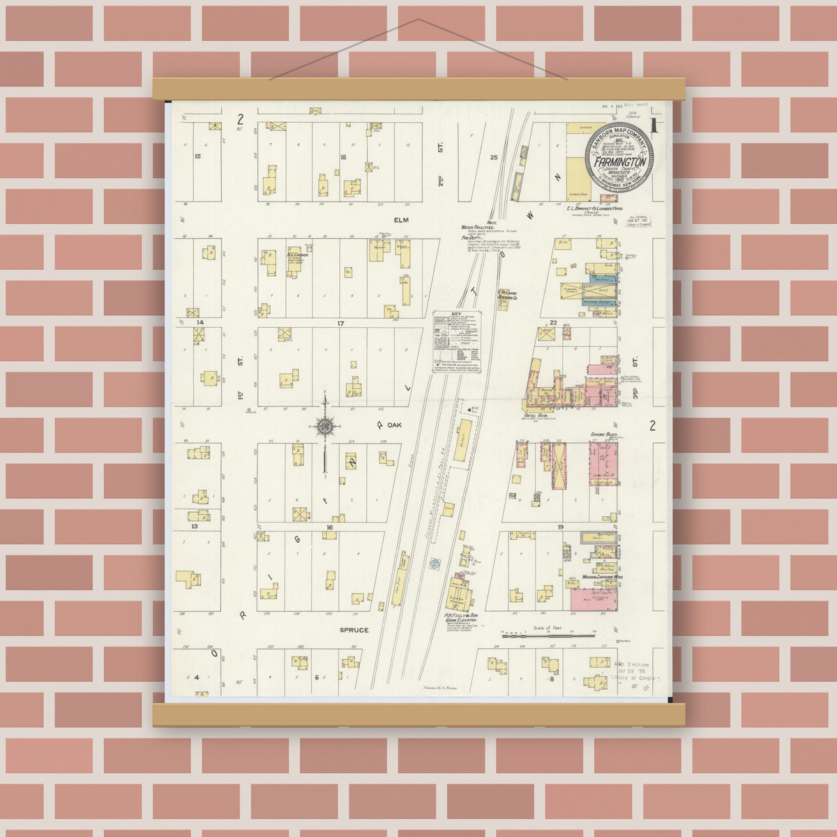 Old map wall art mockup — magnetic wood frame on brick wall — Sanborn Fire Insurance Map from Farmington, Dakota County, Minnesota (1910) - Complete Map Set