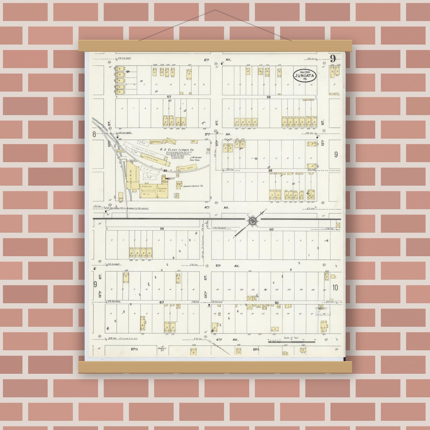 Old map wall art mockup — magnetic wood frame on brick wall — Sanborn Fire Insurance Map from Juniata, Blair County, Pennsylvania (1910), Sheet #0009