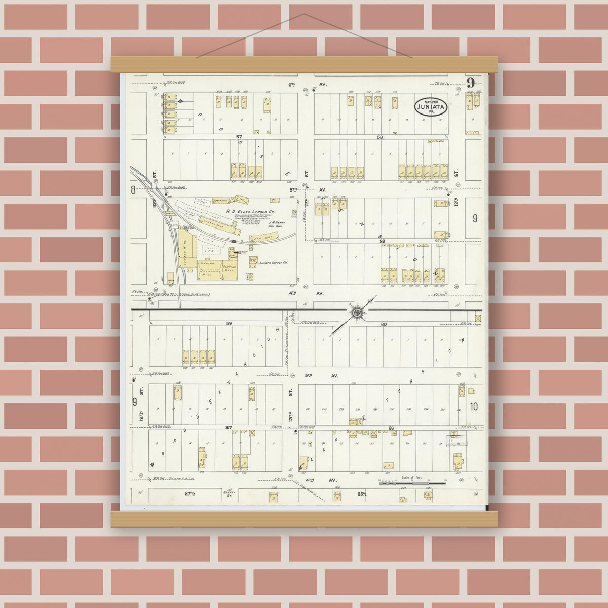 Old map wall art mockup — magnetic wood frame on brick wall — Sanborn Fire Insurance Map from Juniata, Blair County, Pennsylvania (1910), Sheet #0009