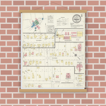 Old map wall art mockup — magnetic wood frame on brick wall — Sanborn Fire Insurance Map from Somerset, Perry County, Ohio (1913), Sheet #0001